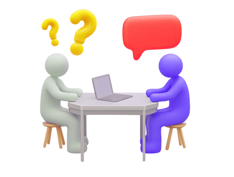 3D two people at table one with questions other speech bubble for QA interview discussion problem solving seeking advice Represents clear communication png
