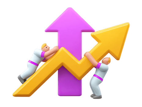 3D team pushes large arrow up over bar chart for business development success financial increase teamwork achieving progress A dynamic visual for improvement png