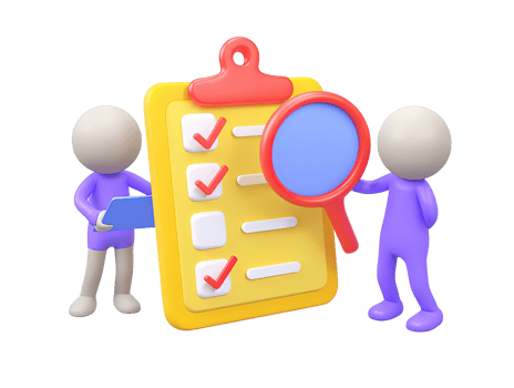 3D people with checklist magnifying glass for task management project planning review quality control A clear symbol for organization efficiency attention to detail png