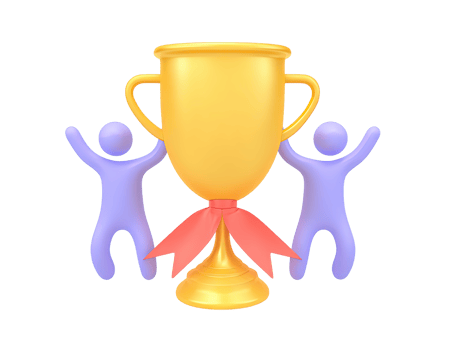 3D two people joyfully hold golden trophy for success victory recognition partnership Powerful symbol for celebrating accomplishments and collaborative wins png