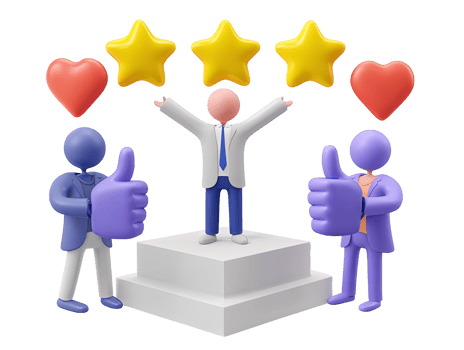 3D person on podium with stars hearts thumbsup for success achievement recognition positive feedback A vibrant depiction of victory appreciation top performance png