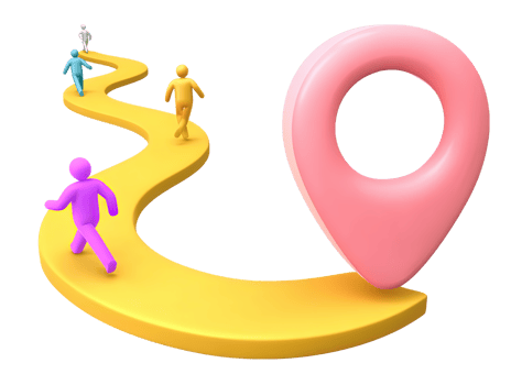 3D people walk winding path to location pin for goals destination navigation guidance achieving objectives Clear depiction for direction strategy travel plans png
