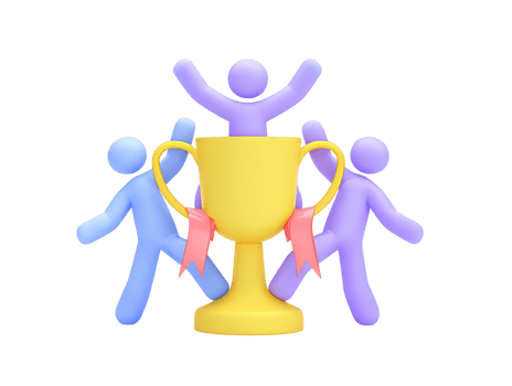 3D diverse group celebrates around golden trophy for collective achievement victory collaboration shared goals Joyful visual for team accomplishments and awards png