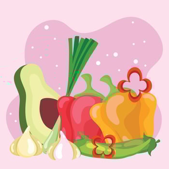 Bell peppers with avocado set. vector