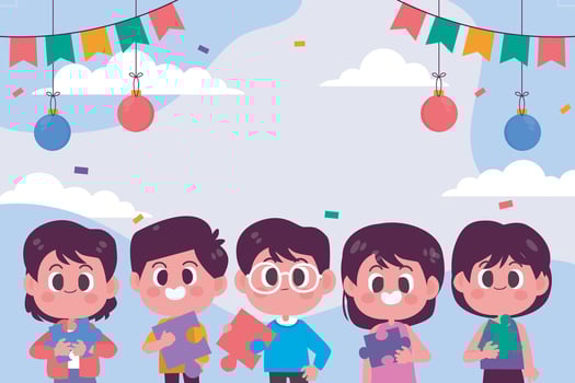 five children holding puzzle read for celebrating background in horizontal frame vector