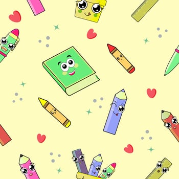 School stationery or supplies kawaii cute seamless pattern pastel colors vector