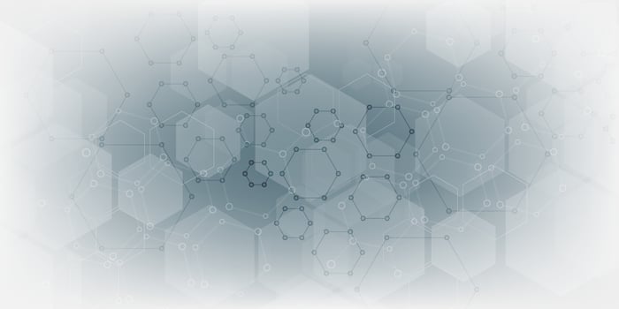 Gray scientific background with DNA line and hexagon cells. modern vector