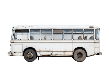 Side view of a weathered white bus, abandoned and rusty. png