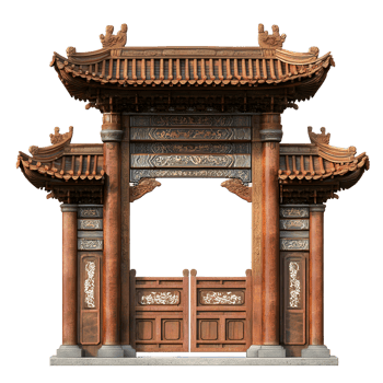 Ornate Wooden Chinese Gate Archway, Perfect for Architectural Stock Photography png