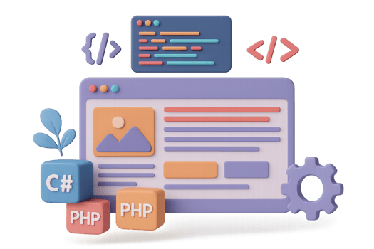 3D Render of Web Layout with Colorful Coding Elements and Icons png