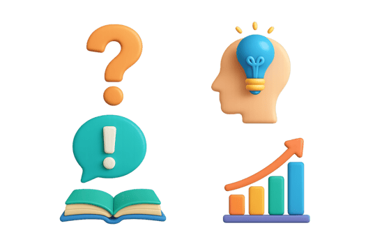 Colorful 3D Icons Illustrating Question, Idea, and Growth Concepts png