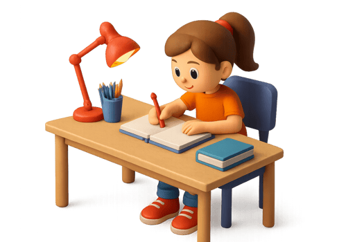 Student Writing Homework at Desk with Lamp and Stationery png