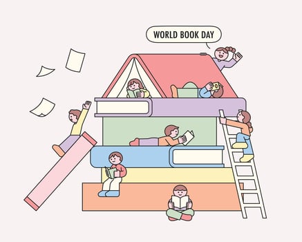 Happy children reading books and playing on a giant stack of colorful books to celebrate World Book Day vector