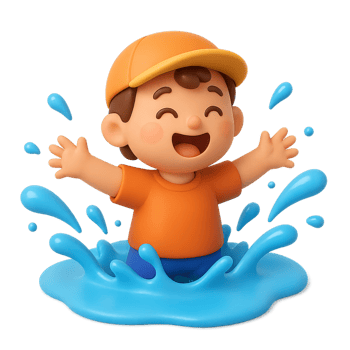 Happy Child Playing in Water, Joyful Expression, 3D Animation Style png