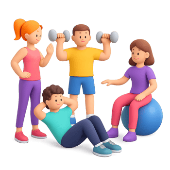 Engaging 3D Gym Workout Scene Featuring Animated Characters png