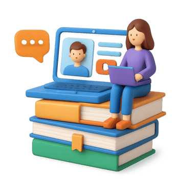 Virtual Learning Concept with 3D Characters and Stack of Books png