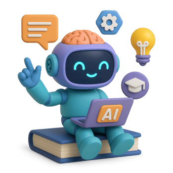 Cute 3D Robot Engaged in AI Education with Learning Icons png