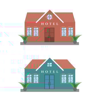 Flat illustration of two small hotel buildings with different color schemes vector