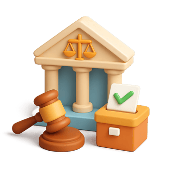 3D Simple Governance Design with Gavel, Scales, and Checkmark Icon png