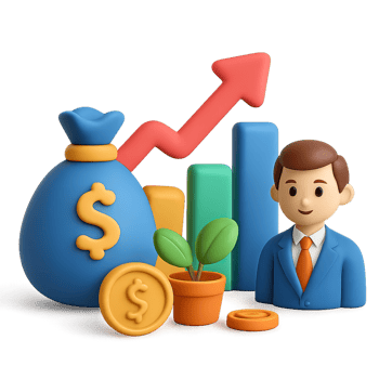 3D Venture Capital Scene with Money Bag, Coins, and Investments png