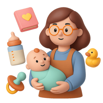 Simple 3D Product with Caregiver and Baby Essentials Illustration png