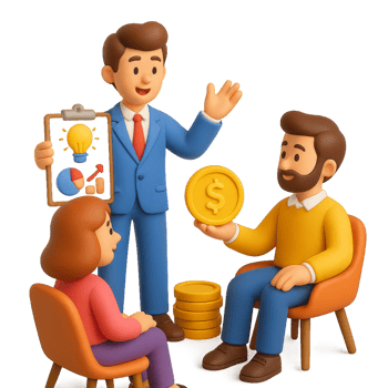 Business Pitch Presentation with Characters and Financial Concepts png