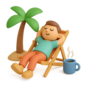 Happy Character Relaxing in 3D Scene by Palm Tree and Coffee Mug png