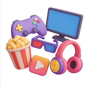 Colorful 3D Entertainment Symbols and Accessories for Fun Activities png