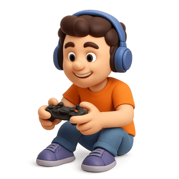 Playful 3D Gamer Character Enjoying Game Scene in Simple Design png