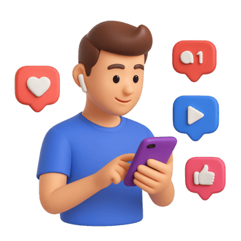Young Man Engaged in Social Media Browsing with 3D Elements png