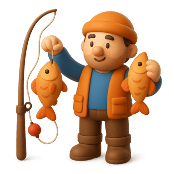 3D Cartoon Fisherman Holding Fish in a Vibrant Fishing Scene png