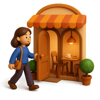 Whimsical 3D Cafe Scene Charming Character and Cozy Atmosphere png