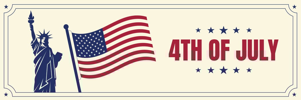 4th of July Independence Day banner featuring Statue of Liberty and American flag, vintage patriotic design with stars, red white and blue color scheme, United States national holiday concept. vector