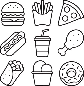 Hand-drawn Line Art of Fast Food in 3x3 Grid Format vector