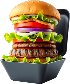 Burger design featuring golden bun meat and melted cheese. . png