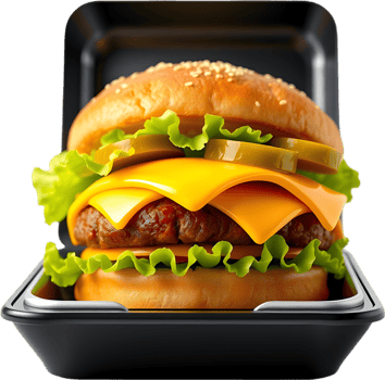 Full-flavored burger illustration with sizzling beef and condiments. . png