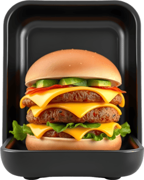 Gourmet cheeseburger with savory ingredients stacked in layers. . png