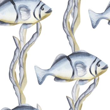 Nautical and marine life watercolor seamless pattern with monochrome aquarium fish and seaweeds illustration. Hand drawn blue and beige background,deep sea and underwater theme for packing design png