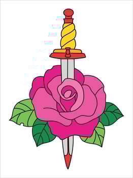 Red rose and dagger. Retro Tattoo illustration. Old School Traditional Sword. Rock symbol vector