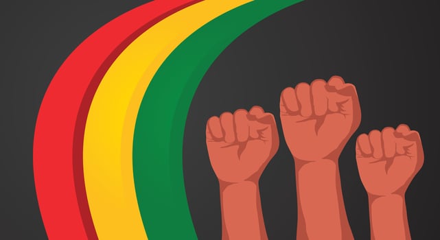 Freedom day poster, black background with red yellow green flag and clenched fist vector