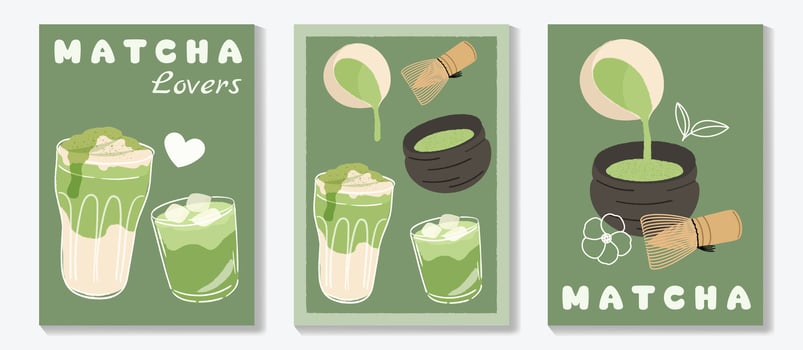 Matcha drinks and green tea element poster design set. vector