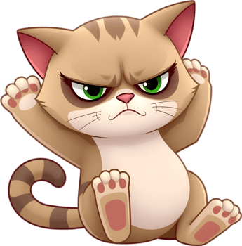 Quirky feline cartoon with funny eyes and adorable grumpy style. . png
