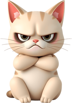 Playful pouty cat cartoon with fluffy body and funny expression. . png