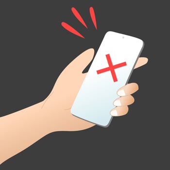 Smartphone with red cross icon. Rejected payment or transaction. Woman hand holding a smartphone. vector
