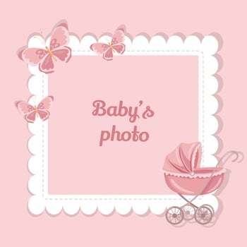 Photo frame for new born girl with pink butterflies and baby stroller Its a girl vector