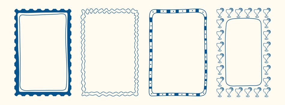 Whimsical Italian postcard stamp set. Vintage Italy summer doodle border set. Minimal blue frames, mediterranean elements for menu, wedding, prints, invitation. Coastal Isolated illustration vector