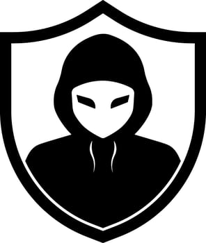 Black and white icon of a hooded man with eyes inside a shield, symbol of controlled anonymous user, cybersecurity, or digital protection. Linear style without background. vector