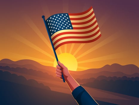 US flag in a man's hand against the rising sun on Independence Day. Concept of a holiday or travel around America. vector