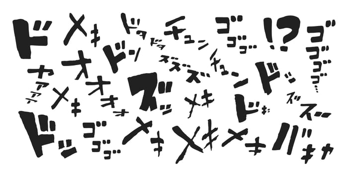 Japanese manga text words with anime emphasis fonts katakana motions letters set. vector