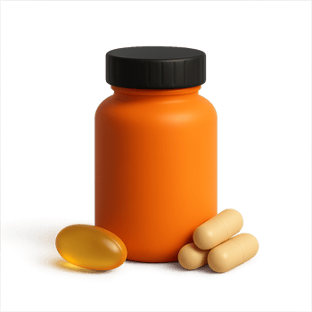 3D Illustration of Simple Supplement Bottle and Capsules on Black Background png